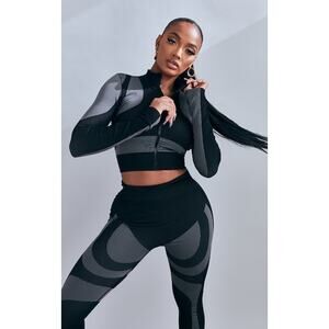 NWT Pretty Little Thing Shape Branded Contour Zip Long Sleeve Gym Top Black XS